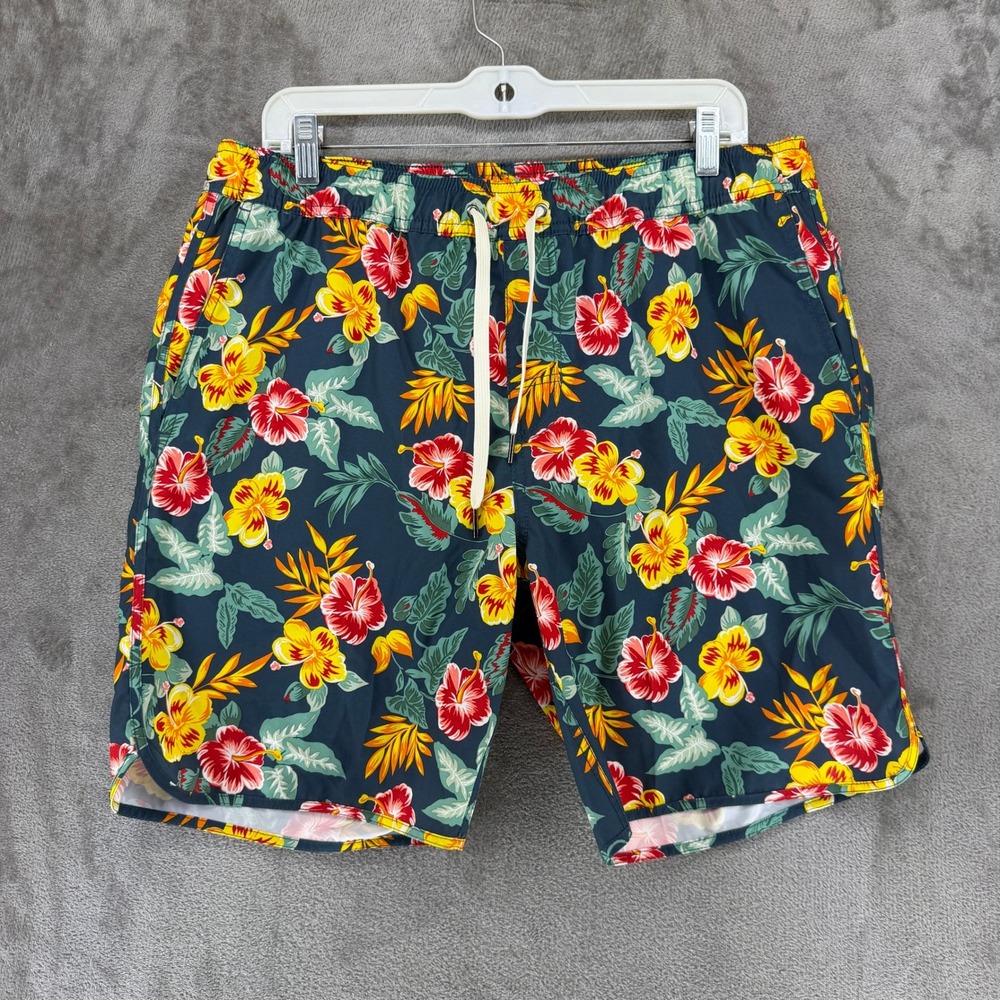 Fair Harbor Swim Trunks Mens L The Anchor Navy Floral Hibiscus 8" Inseam EUC